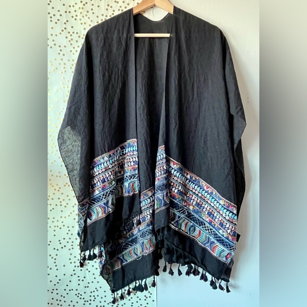 Black Embroidered Multicolor Patterned Open Shawl Poncho with Fringe Festival